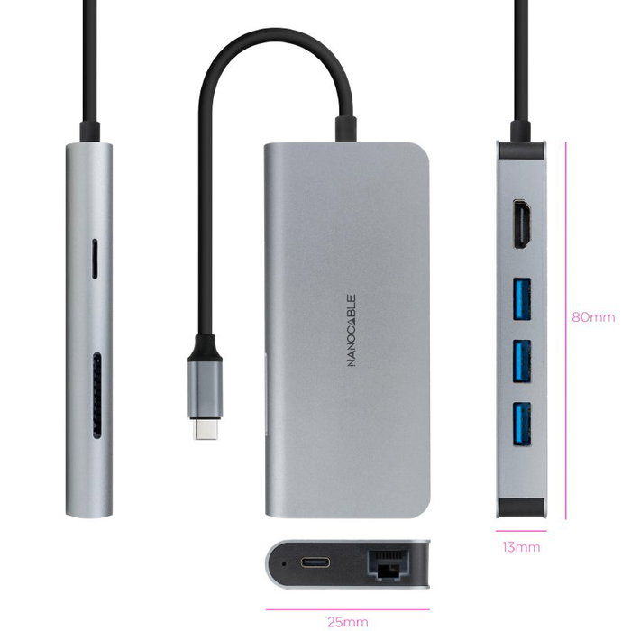 Nanocable Hub USB-C 8 en 1 con HDMI 4K, USB 3.0, RJ45 y PD 100W Gris Nanocable Hub USB-C 8 en 1 con HDMI 4K, USB 3.0, RJ45 y PD 100W Gris